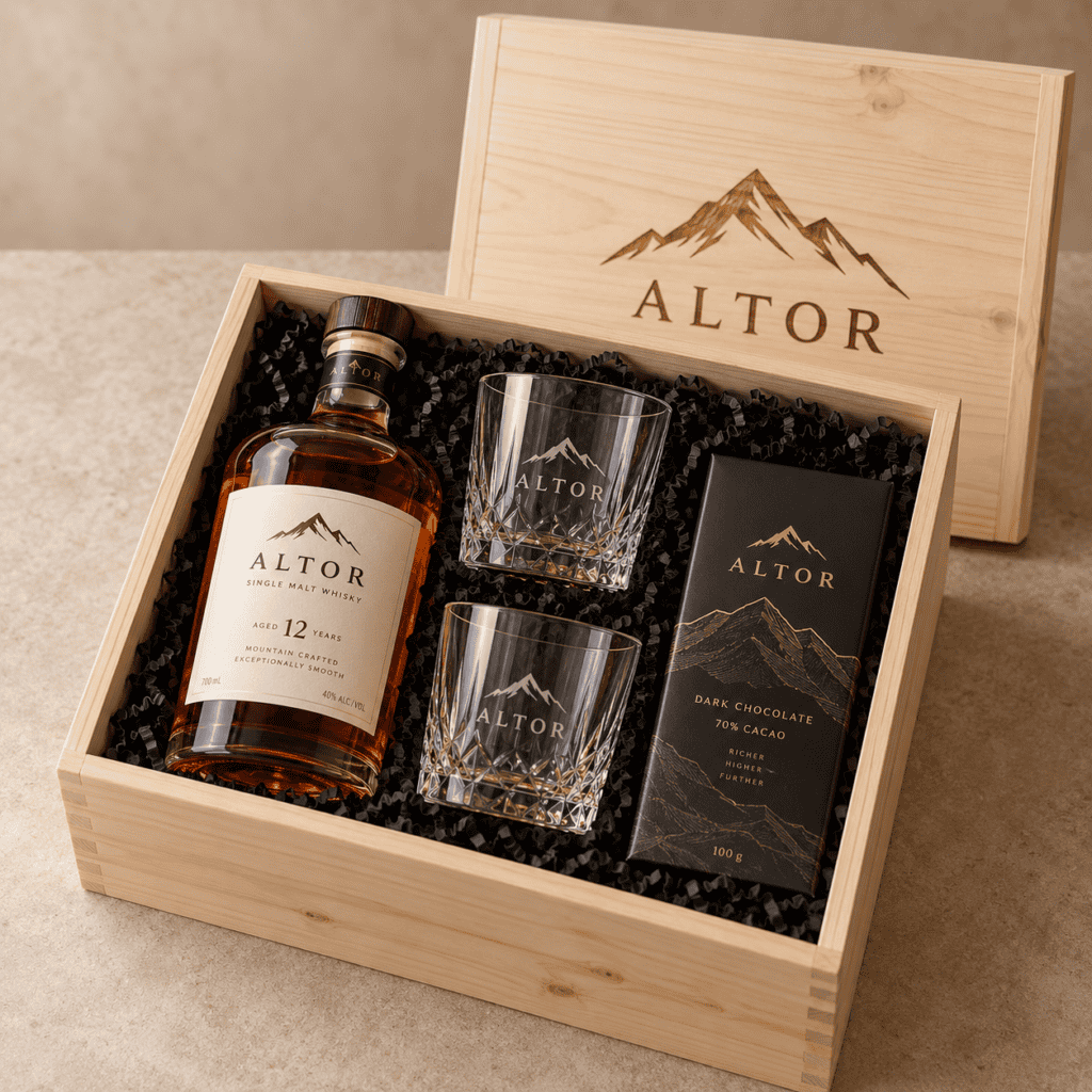 Zestaw ALTOR z whisky, szklankami i czekoladą w eleganckim pudełku.