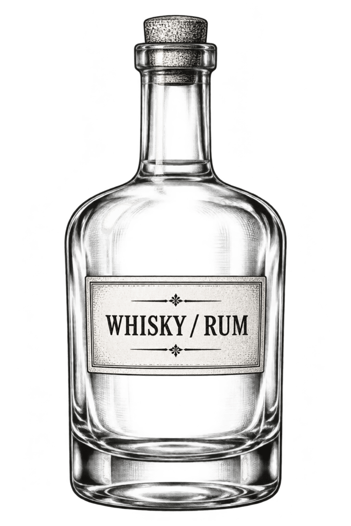 Szklana butelka z etykietą whisky lub rum, idealna do nalewki.