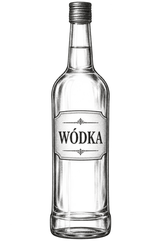 Przezroczysta butelka wódki z etykietą WÓDKA na nalewki.