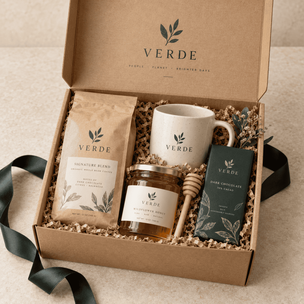 Zestaw ekologicznych produktów Verde w eleganckim opakowaniu.