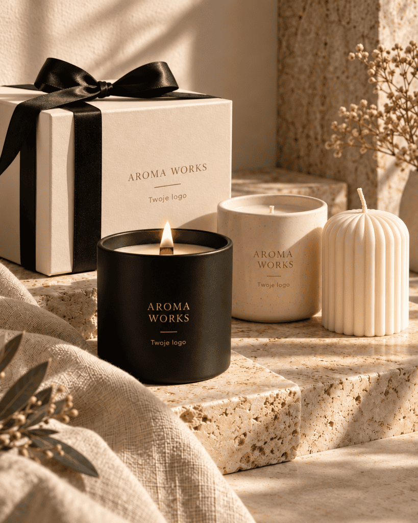 Eleganckie świece zapachowe Aroma Works na dekoracyjnym blacie.