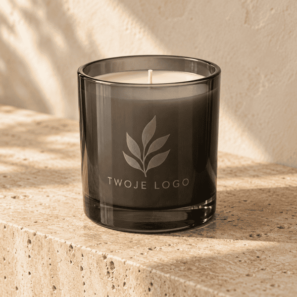 Czarna świeca zapachowa z logo Regalito na kamiennej powierzchni.