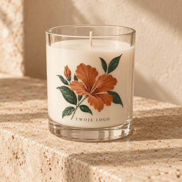 Świeca zapachowa Regalito z motywem hibiskusa na kamiennej powierzchni.